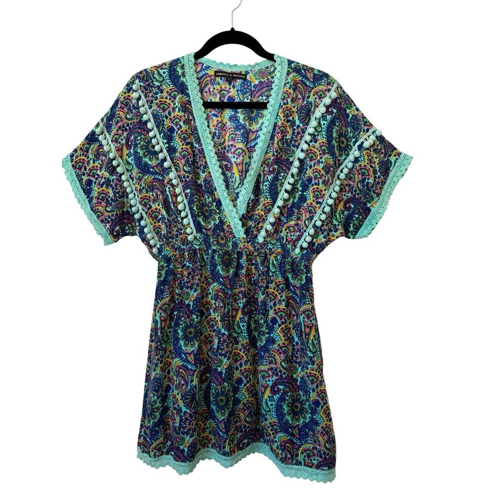 American & Beyond Caftan Dress/Swim Cover Teal Paisley Size M Festival, Resort
